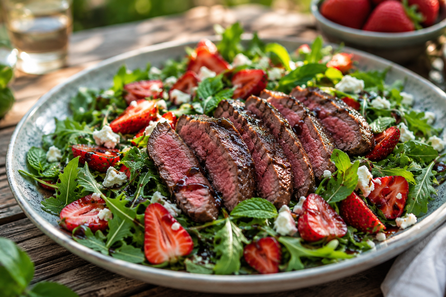 Grilled Venison Steak with Strawberry, Wild Rocket & Herb Salad